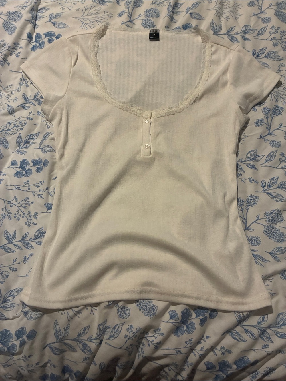 White Lace-Trim Short Sleeve Henley Tee -
